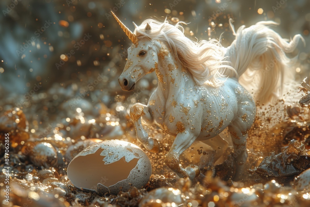 Experience the enchantment of a unicorn's birth, as the mystical creature gracefully emerges from a glowing golden egg, heralding a new dawn of magic. Experience the enchantment of a unicorn's birth, as the mystical creature gracefully emerges from a glowing golden egg, heralding a new dawn of magic.