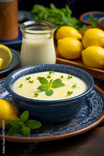 Creamy Lemon custard garnished with fresh mint leaves, presented in a dark blue ceramic bowl, accompanied by fresh lemons, a small glass jug of cream, and fresh herbs on a wooden table. 