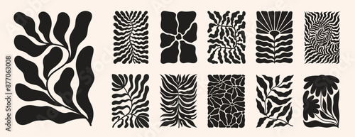 Groovy abstract flower posters. Floral doodle naive patterns. Contemporary matisse style. Trendy vector set.
