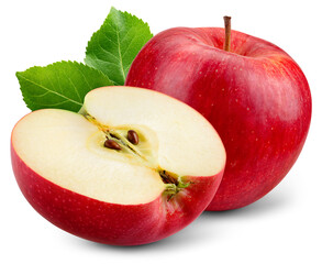 Red apple isolated png. Whole apple and a half with leaves on transparent background. PNG format. Red apples with no background. Full depth of field.