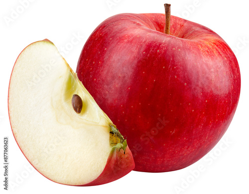 Apple isolated png. Red apple and a slice on transparent background. PNG format. Red apples with no background. Full depth of field.