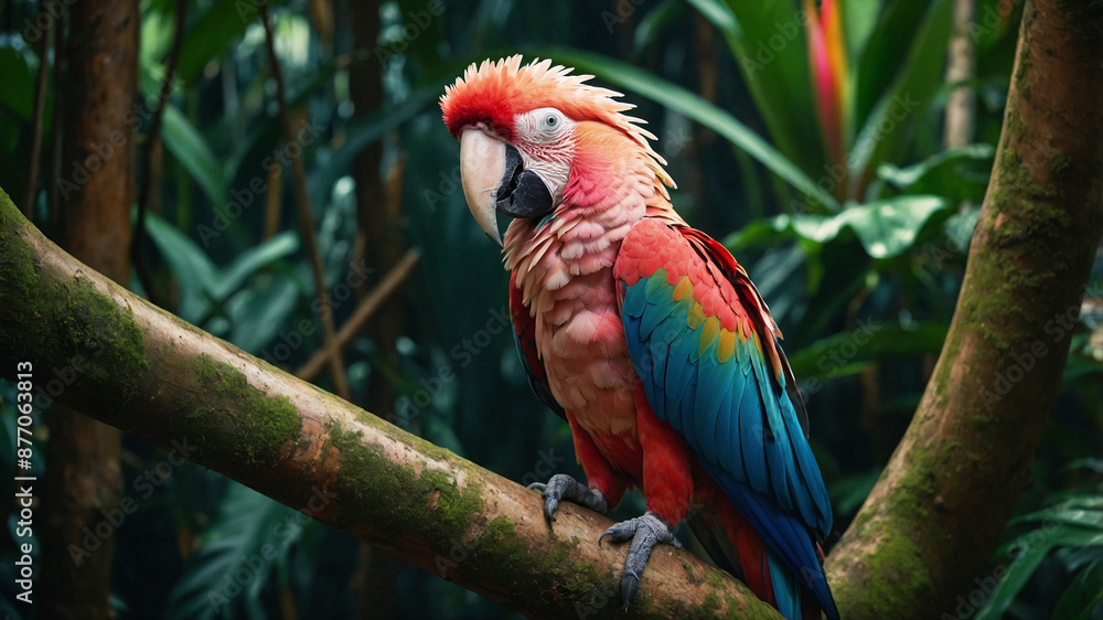 Obraz premium Scarlet macaw perched in tropical jungle