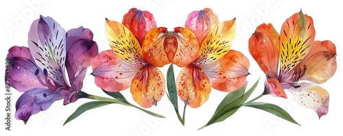 Watercolor painting of colorful alstroemeria flowers.