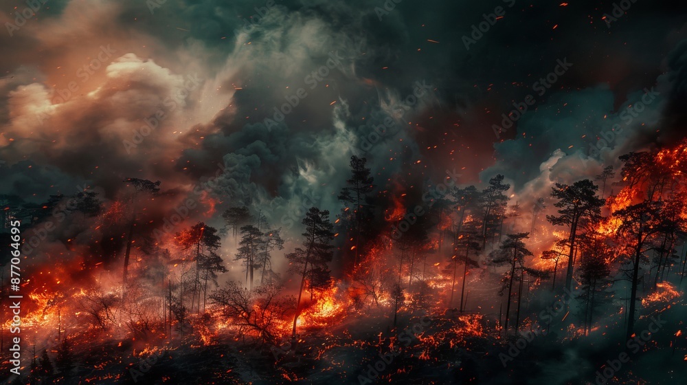 Devastating wildfire scorched trees and smoke in the forest concept of natural disasters Devastating wildfire scorched trees and smoke in the forest concept of natural disasters