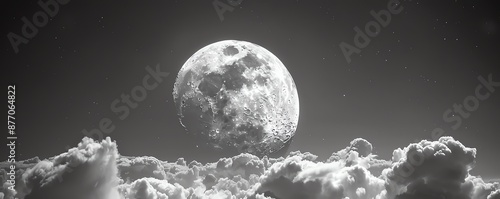 A large, full moon peeks through clouds in a black and white night sky. photo