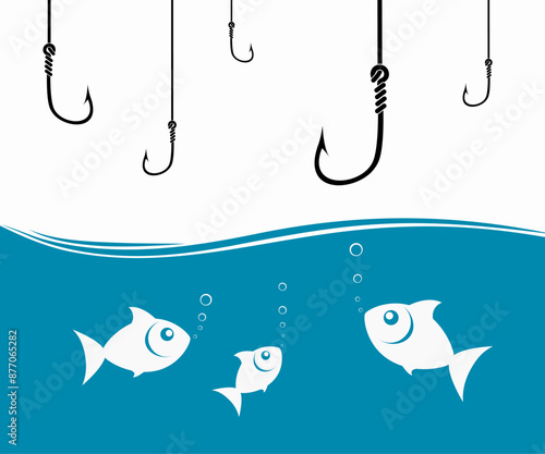 Fishes looks at a fishing hooks underwater. Stock vector illustration photo