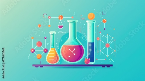 Materials science with AI, discovery processes, flat design illustration