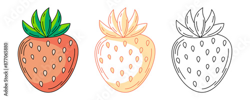 Strawberry, colorful and line icons set. Summer food, vector outline icon, monochrome and color illustration. Ripe berry, summertime. For logo, sticker, coloring book, label