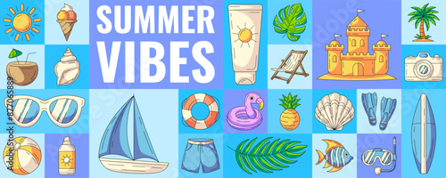 Geometric modern horizontal banner with summer beach colorful icons. Summer vibes. Minimalist abstract layout for poster, flyer, cover, brochure, party. Vector background, summertime fun concept