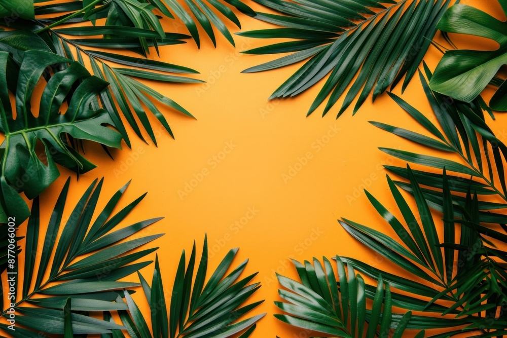 Tropical palm leaves on vibrant orange background with copy space, top view flat lay for travel, fashion, beauty, and art concepts Tropical palm leaves on vibrant orange background with copy space, top view flat lay for travel, fashion, beauty, and art concepts