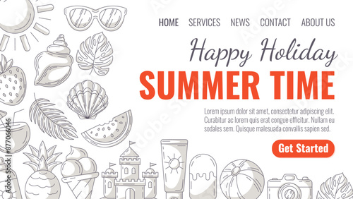 Summer beach elements, minimalist monochrome gray style. Sun, seashell, watermelon, sand castle, inflatable ball, camera, pineapple, coconut cocktail. Landing page vector template for website, banner