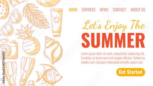 Summer beach elements and accessories, monochrome minimalist style. Sunglasses, pineapple, camera, flippers, seashell and sunscreen, fish. Landing page vector template for website, web, online, banner