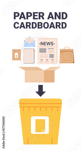 Paper and cardboard waste sorting concept Various paper items like newspaper notebook and envelope being sorted into a yellow recycling bin