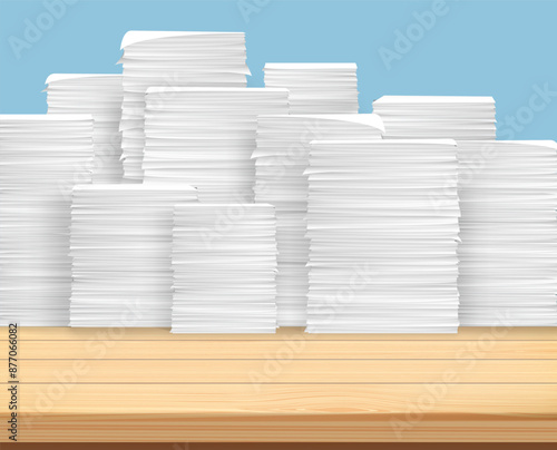 Workplace desk with stack of papers and documents. Stock vector illustration