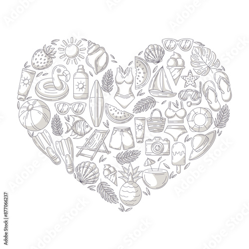 Summer holiday elements in heart shape. Square card, minimalist monochrome gray beach accessories icons isolated on white. For poster, flyer, banner, invitation, social media, postcard