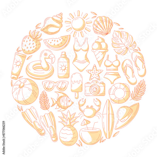 Summer holiday elements in round shape. Square card, minimalist monochrome orange beach accessories icons isolated on white, space for text. For poster, flyer, banner, invitation, social media.