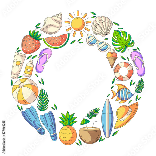 Summer holiday elements in round shape frame. Square card, colorful beach accessories icons isolated on white, space for text in the middle. For poster, flyer, banner, invitation, social media.