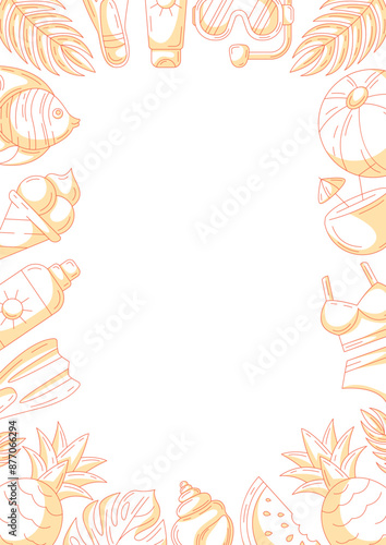 Summer minimalist vertical a4 poster, beach elements and accessories icons, monochrome orange. Round border frame, copy space, isolated on white. For card, flyer, banner, invitation, social media