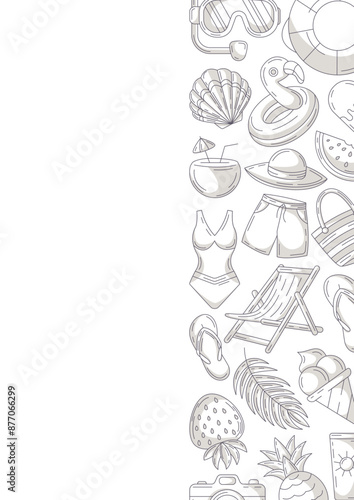 Summer minimalist vertical a4 poster, beach elements and accessories icons, monochrome gray. Right side border frame, copy space, isolated on white. For card, flyer, banner, invitation, social media
