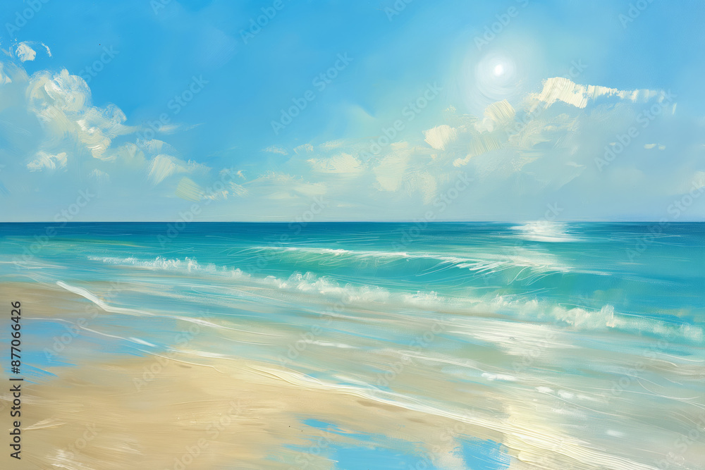 serene and inviting beach under a bright, clear sky. The sandy shore is golden and sun-kissed, with subtle textures and slight undulations serene and inviting beach under a bright, clear sky. The sandy shore is golden and sun-kissed, with subtle textures and slight undulations
