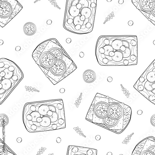 Seamless pattern of sandwiches with different fillings. Toasted bread with breakfast filling. Vector illustration of snack sketch doodle.