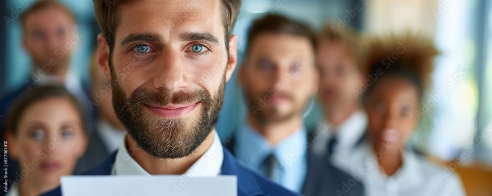 Fototapeta premium a close-up of a businessman holding an emergency press release, preparing to address the media, with his team providing support in the background, providing clear copy space for text