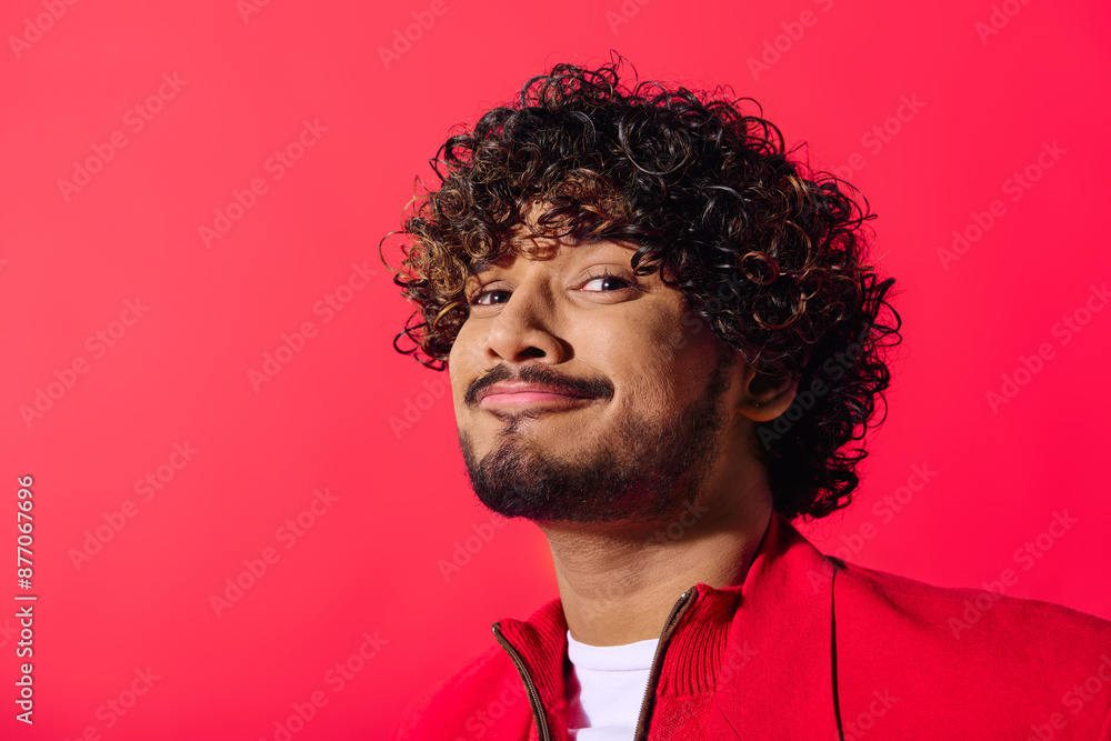 Obraz premium Handsome young Indian man with curly hair in a striking red jacket posing against a vivid backdrop.