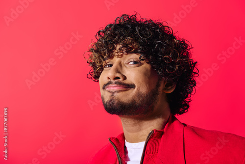 Handsome young Indian man with curly hair in a striking red jacket posing against a vivid backdrop.