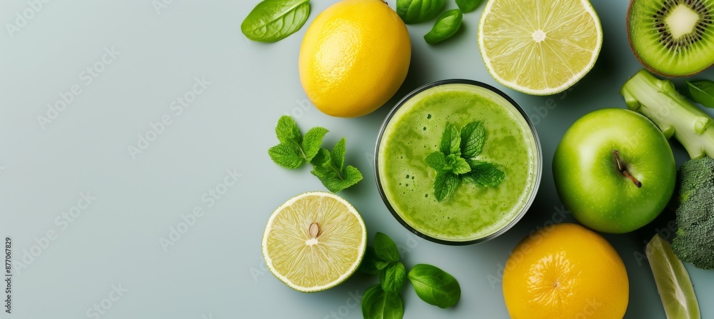Green Smoothie with Fresh Vegetables and Fruits on Light Grey Background Banner for Healthy Eating Green Smoothie with Fresh Vegetables and Fruits on Light Grey Background Banner for Healthy Eating