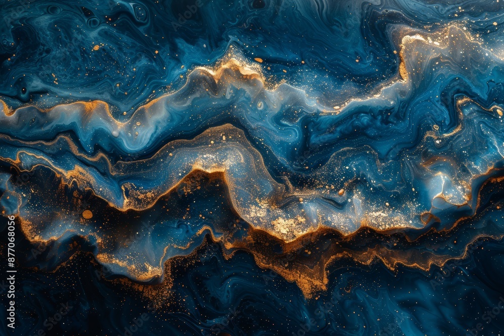 featuring a harmonious blend of dark and light blue with gold hues, complemented by mesmerizing white ink-like liquid fluid patterns, elegance of marble stone. featuring a harmonious blend of dark and light blue with gold hues, complemented by mesmerizing white ink-like liquid fluid patterns, elegance of marble stone.