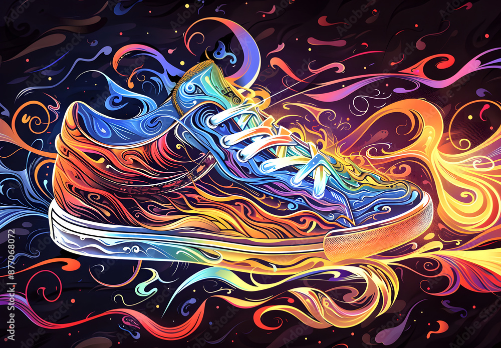 Obraz premium Creative bright colorful sneakers on a dark background design. Sports footwear and fashion concept. Banner for design 