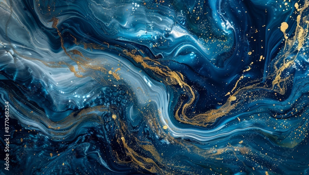 featuring a harmonious blend of dark and light blue with gold hues, complemented by mesmerizing white ink-like liquid fluid patterns, elegance of marble stone. featuring a harmonious blend of dark and light blue with gold hues, complemented by mesmerizing white ink-like liquid fluid patterns, elegance of marble stone.