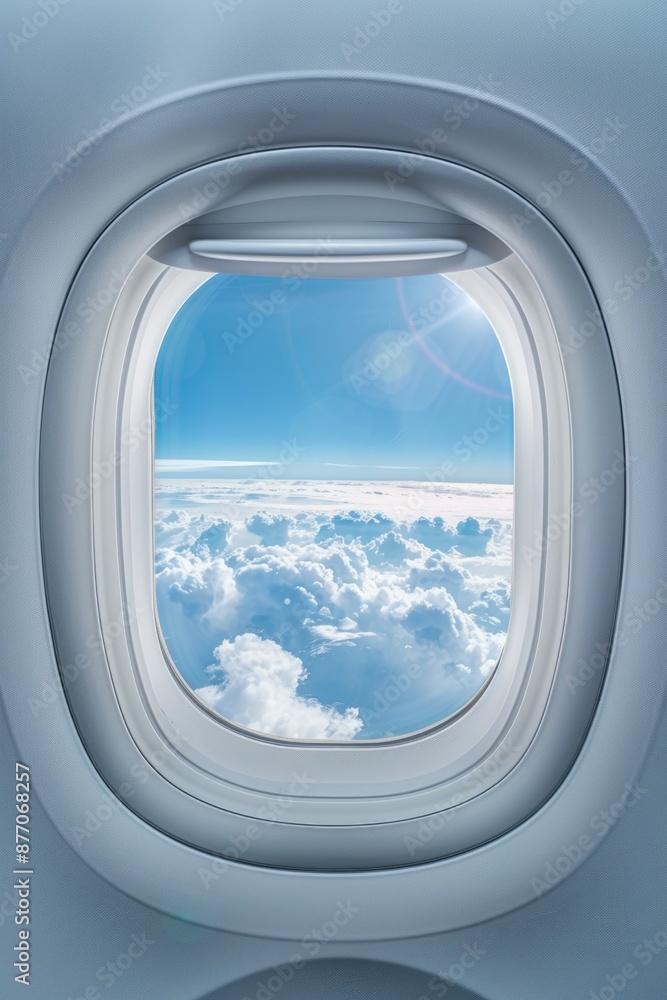A view of the clouds from an airplane window, with sunlight streaming in A view of the clouds from an airplane window, with sunlight streaming in
