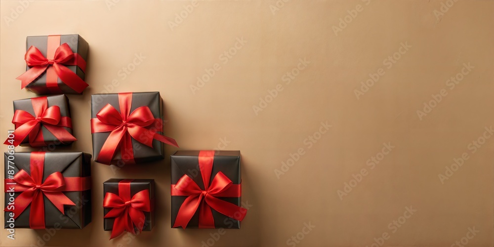 Fototapeta premium Black gift boxes with red ribbons are arranged on a beige background, creating a festive backdrop for black friday, christmas, or special occasions