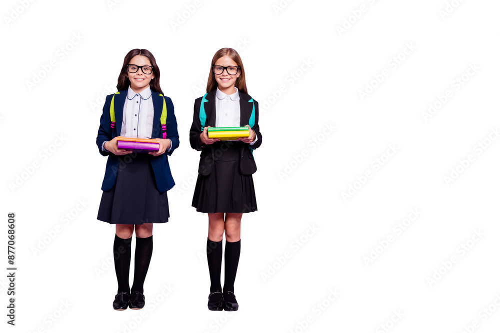 Fototapeta premium Full body photo of attractive girls hold hands literature wear eyewear eyeglasses bags backpack rucksack isolated over violet background