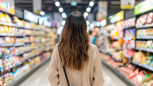 A woman is shopping in a grocery store. She is wearing a white sweater and carrying a black purse. The store is filled with a variety of products, including a large selection of snacks