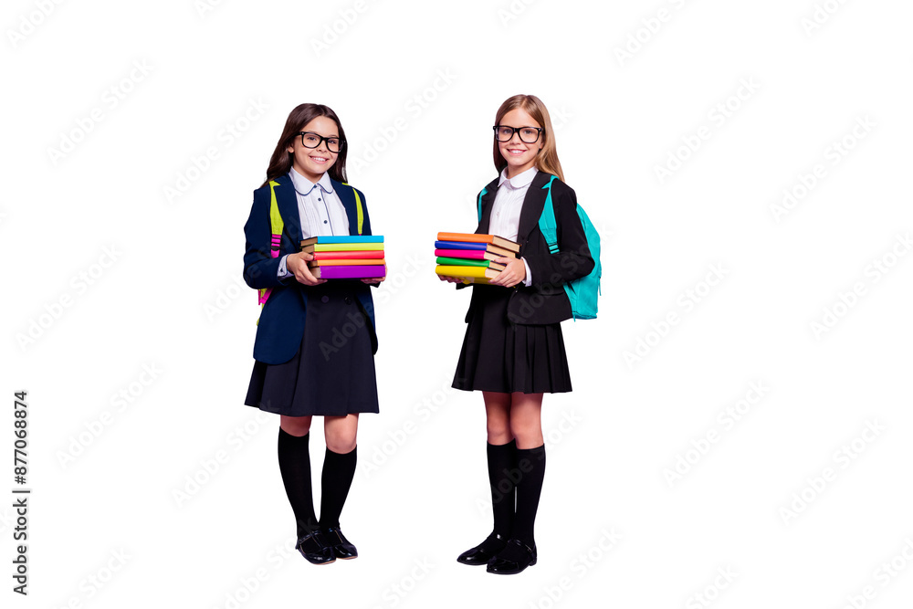 Full size photo of lovely children hold hand materials lesson wear eyeglasses eyewear bag backpack rucksack isolated over violet background Full size photo of lovely children hold hand materials lesson wear eyeglasses eyewear bag backpack rucksack isolated over violet background