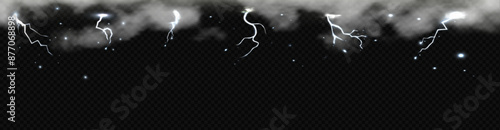 Horizontal banner with a border of misty clouds and lightning discharges on top.