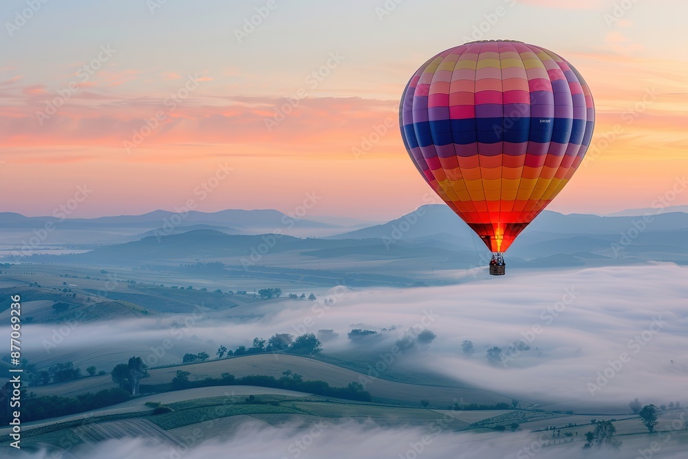 Obraz premium Hot Air Balloon Flying Over Misty Hills at Sunrise