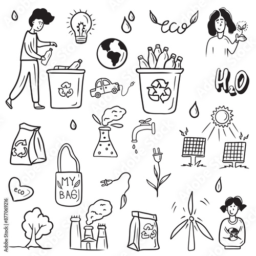 Ecological elements, earth, trash bin recycling sign and plastic bottles, solar system charging panels, plant with fumes and smog, cardboard carton bag, lamp bulb, plant with plug. Hand drawn doodle.