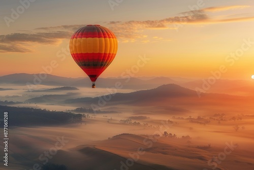Hot Air Balloon Soaring Over Misty Landscape at Sunrise