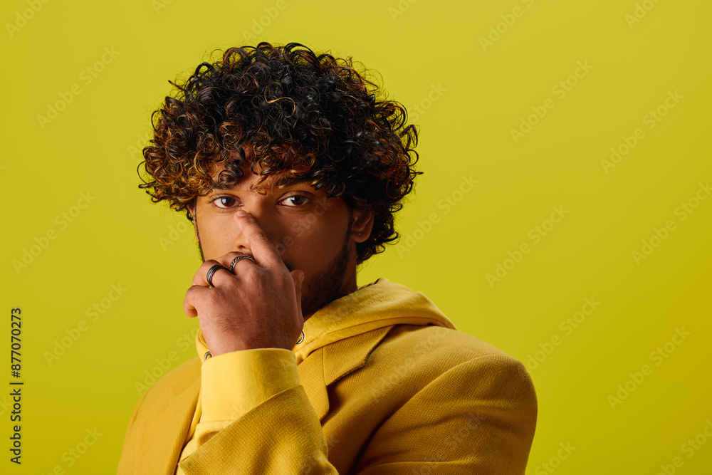 Handsome young Indian man in a yellow jacket, showcasing his curly hair. Handsome young Indian man in a yellow jacket, showcasing his curly hair.