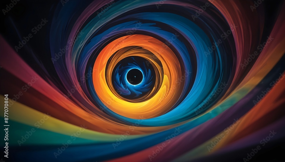 Colorful abstract spiral tunnel with a central eye-like shape, surrounded by vibrant hues of orange, blue, and purple Colorful abstract spiral tunnel with a central eye-like shape, surrounded by vibrant hues of orange, blue, and purple