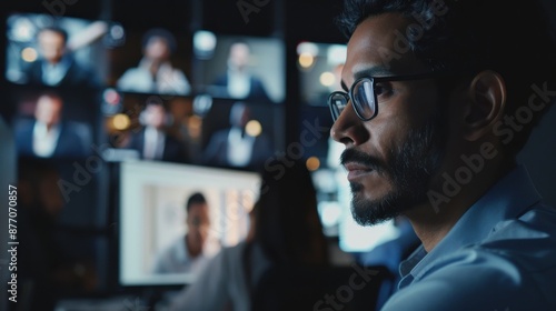 Latin indian businessman having virtual team meeting group call chatting with diverse people in customer support. Video conference call on computer with manager and employees