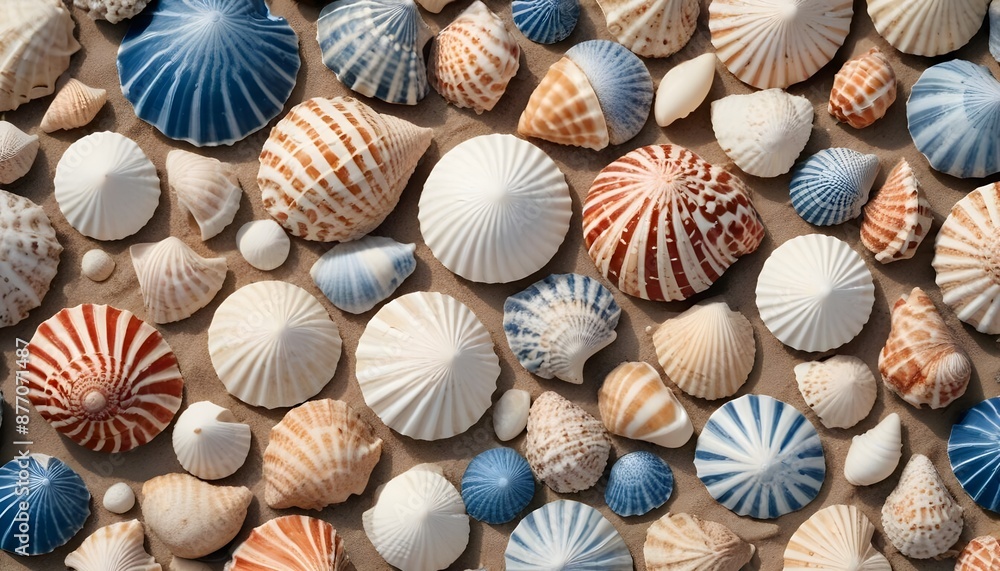 Blue and white seashells close up on the sand Blue and white seashells close up on the sand