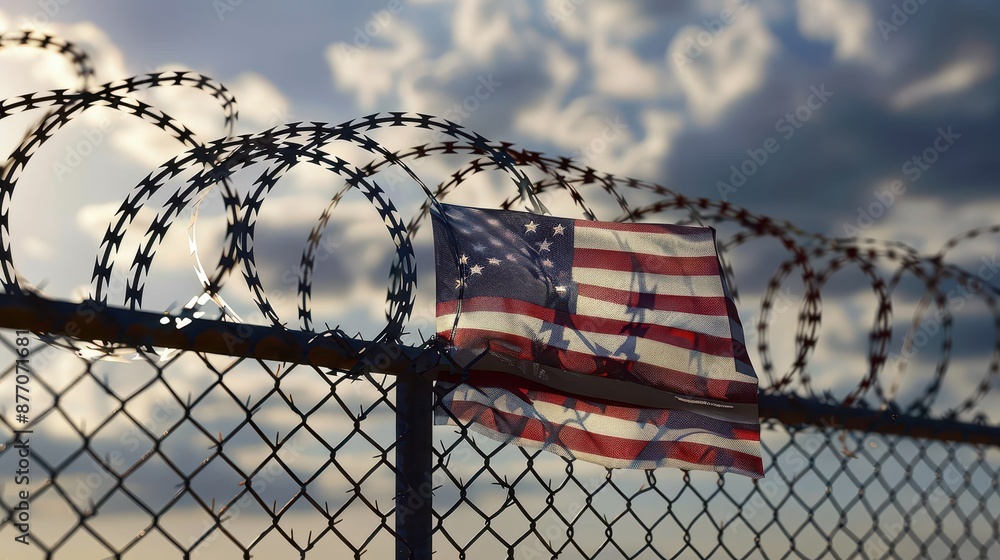 An imposing barbed wire fence with a tattered American flag attached to it against a backdrop of a cloudy sky suggests a stark and foreboding scene while symbolizing resilience. An imposing barbed wire fence with a tattered American flag attached to it against a backdrop of a cloudy sky suggests a stark and foreboding scene while symbolizing resilience.