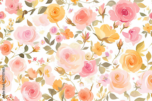 A seamless pattern of pastel-colored roses and foliage on a white background. The flowers are soft and delicate, giving a light and airy feel to the design.