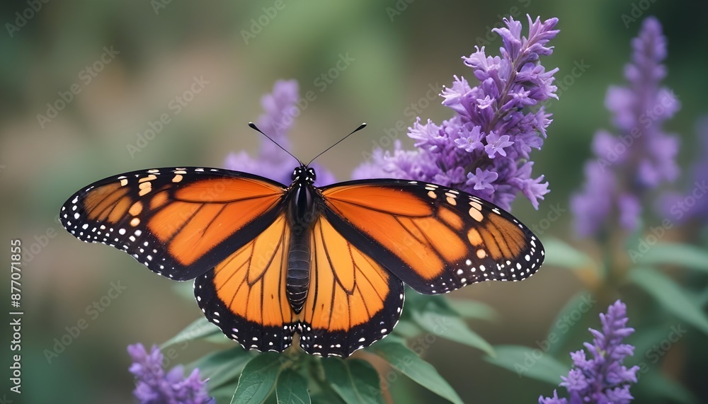 Obraz premium A beautiful orange butterfly sitting on a lavender flower on a blurred background