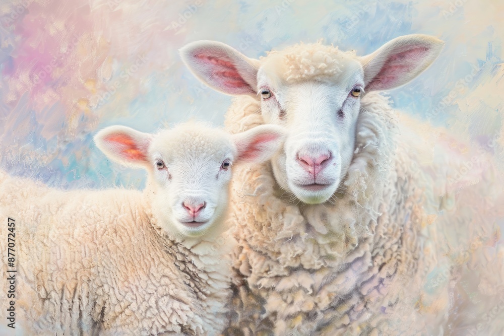 Fototapeta premium Beautiful close up of two small lambs and mother sheep against soft pastel colors