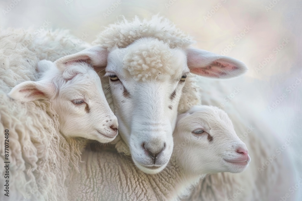 Beautiful close up of two small lambs and mother sheep against soft pastel colors Beautiful close up of two small lambs and mother sheep against soft pastel colors